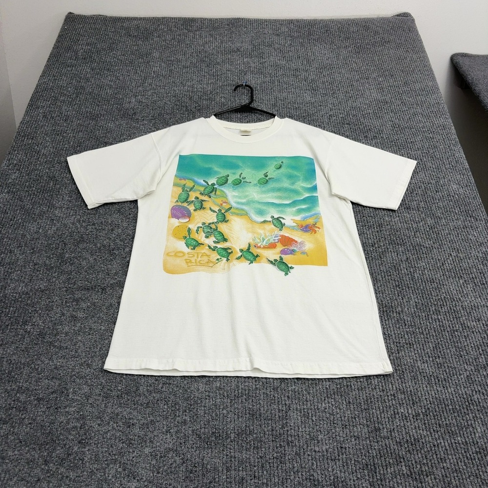 Vintage T Shirt Mens L White Cotton Costa Rica Sea Turtle Graphic Nature Beach